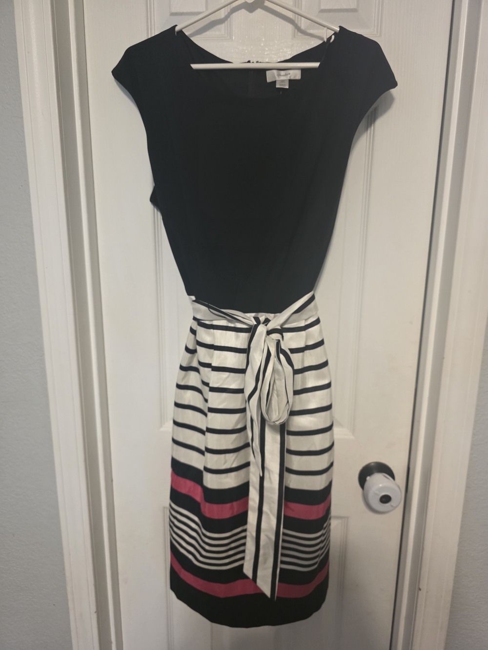 CJ Banks Black Top Striped Midi Dress with Pink Accents